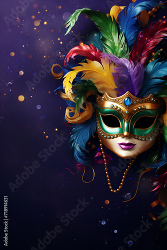 Vibrant Venetian carnival mask adorned with colorful feathers against a purple backdrop, Mardi Gras © Alina