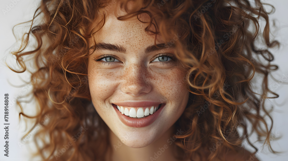 Closeup portrait of Beautiful smiling happy woman with curly hair on white background Closeup portrait of Beautiful smiling happy woman with curly hair on white background