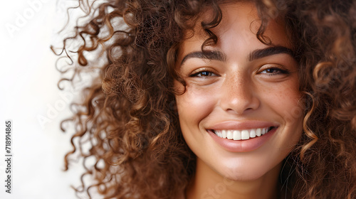 Closeup portrait of Beautiful smiling happy woman with curly hair on white background
