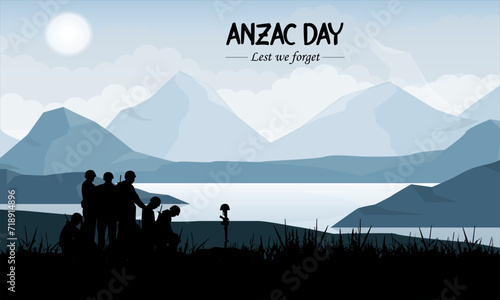 Vector illustration of beauty landscape. Remembrance day symbol. Lest we forget. Anzac day background with soldier.