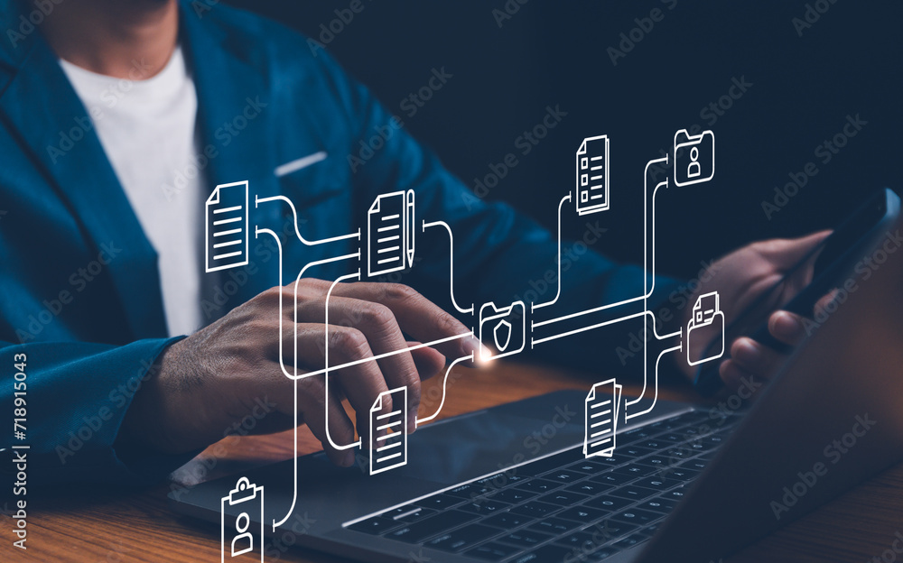 Document Management System concept. Online document file data software for efficient archiving. Enterprise content management, Digital asset management, Document imaging, Workflow, Records management.