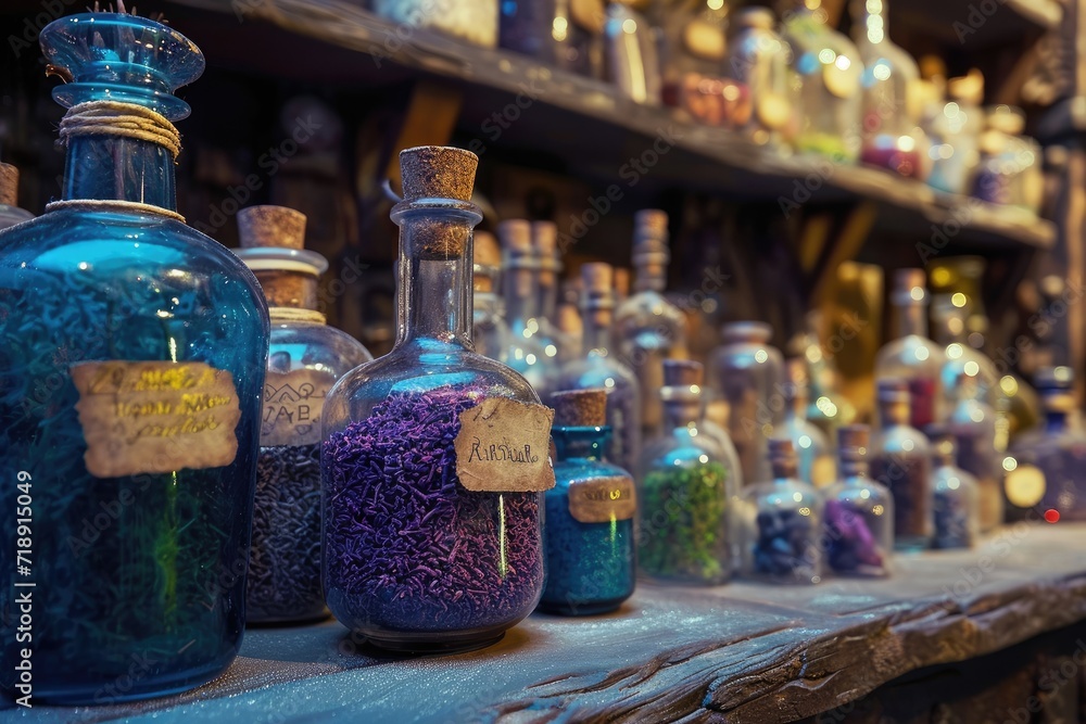 A close-up of a potion bottle with labels indicating magical ingredients A close-up of a potion bottle with labels indicating magical ingredients
