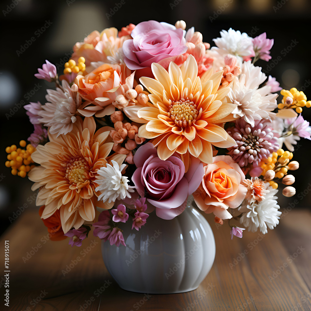 Beautiful bouquet of flowers in vase on wooden table. closeup Beautiful bouquet of flowers in vase on wooden table. closeup