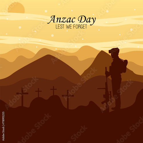Vector illustration of beauty landscape. Remembrance day symbol. Lest we forget. Anzac day background with soldier. © AdilaW