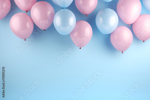 Pink and blue balloons on the blue background with a copyspace