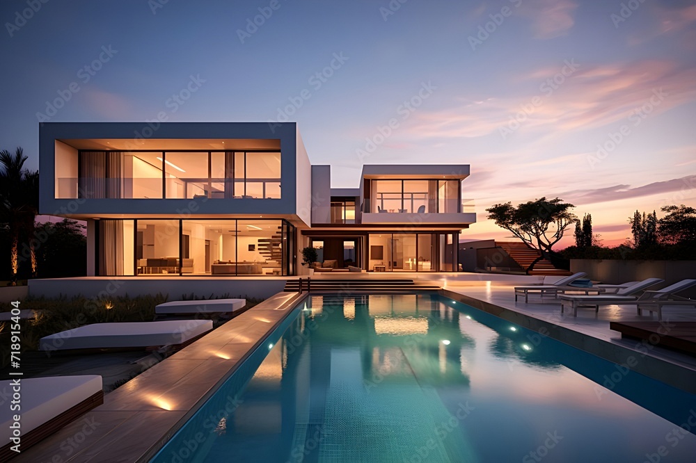 Exterior_of_modern_minimalistic_home,pool_at_night_with_reflection_of_a_modern_home