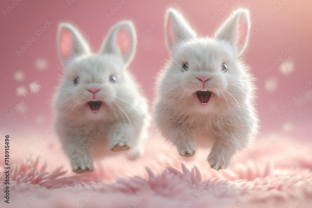 Bunny Boogie: Two White Rabbits Jumping on Pink Carpet Generative AI