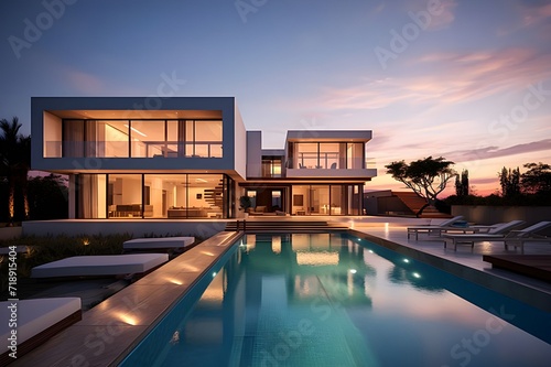 Exterior_of_modern_minimalistic_home,pool_at_night_with_reflection_of_a_modern_home © Shani Studio