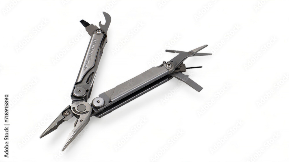 Opened modern steel multitool with pliers, file, blade, screwdriver, scissors, bottle opener and saw, on a white background. Compact and portable product. Pocket knife. EDC concept. Opened modern steel multitool with pliers, file, blade, screwdriver, scissors, bottle opener and saw, on a white background. Compact and portable product. Pocket knife. EDC concept.