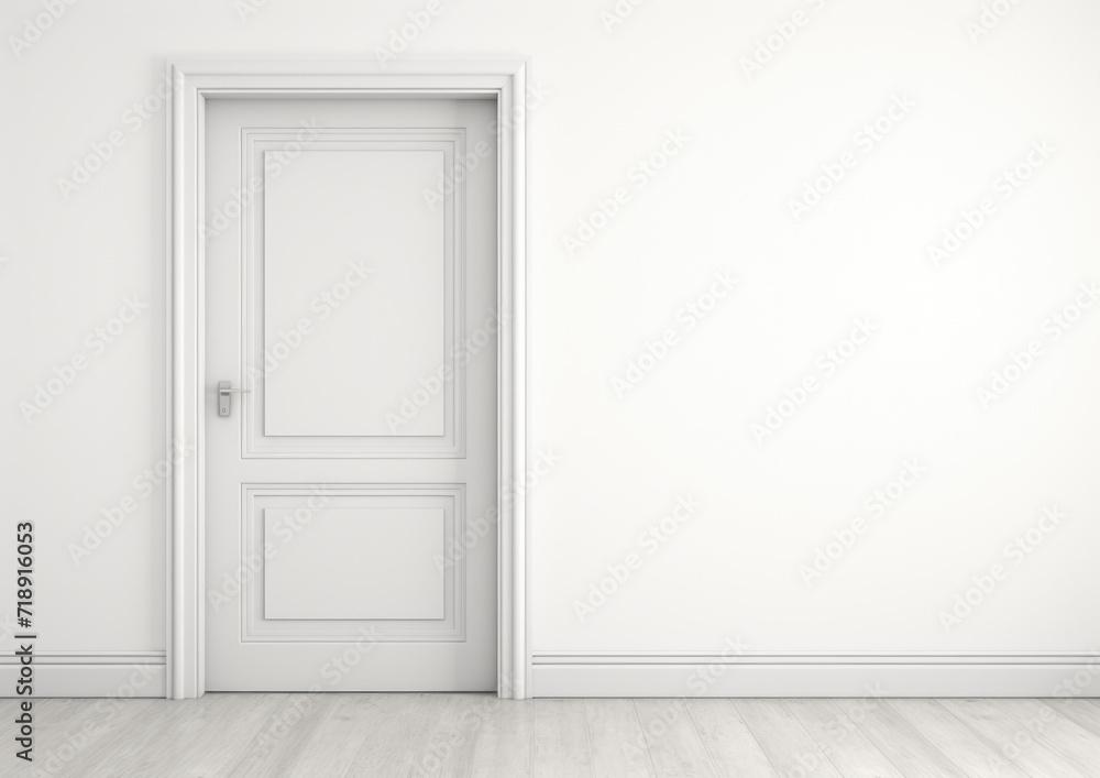 Modern white door. White wall with free space. Minimalist bright interior Modern white door. White wall with free space. Minimalist bright interior