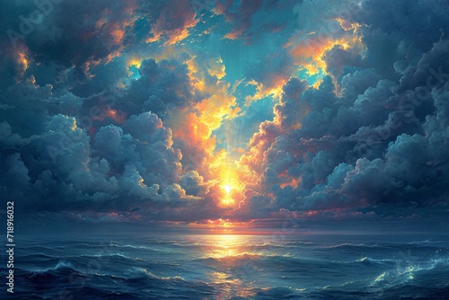 Sunset Serenade: A Rainbow of Clouds and Ocean Waves Generative AI
