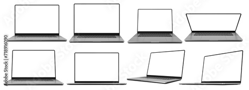 Laptop set with an empty screen in various configurations - different angles, perspectives, display settings. Isolated on a transparent background, automatic shadow cast. 3d render photo