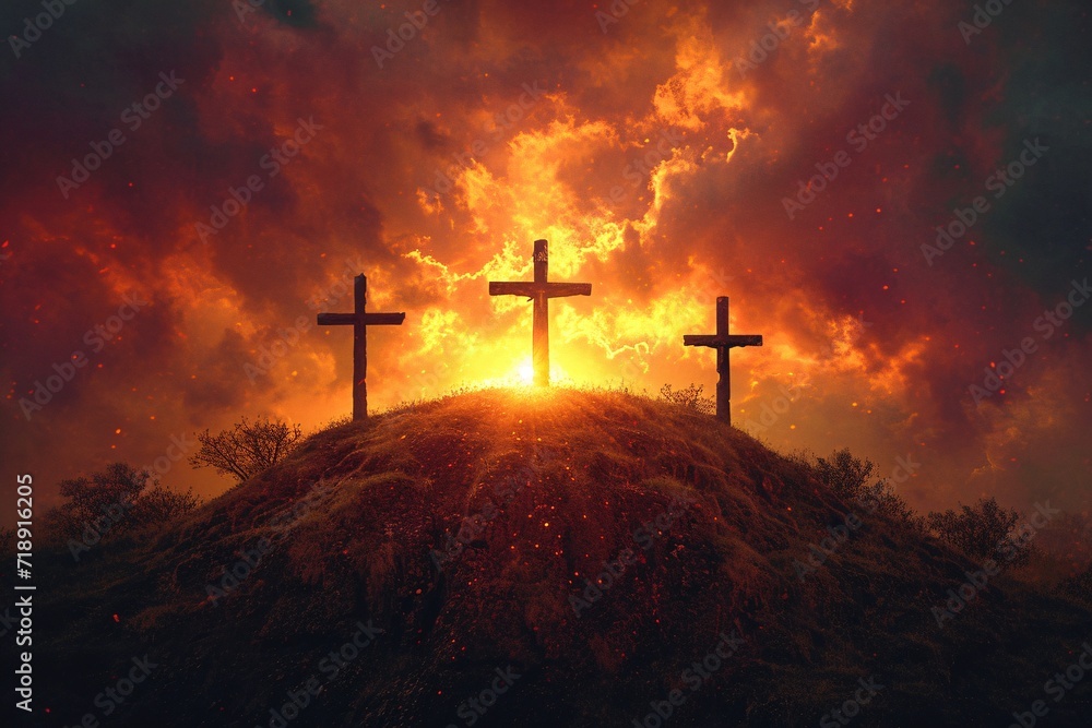 Crosses in the Sky: A Stunning Sunset with Three Crosses Generative AI Crosses in the Sky: A Stunning Sunset with Three Crosses Generative AI
