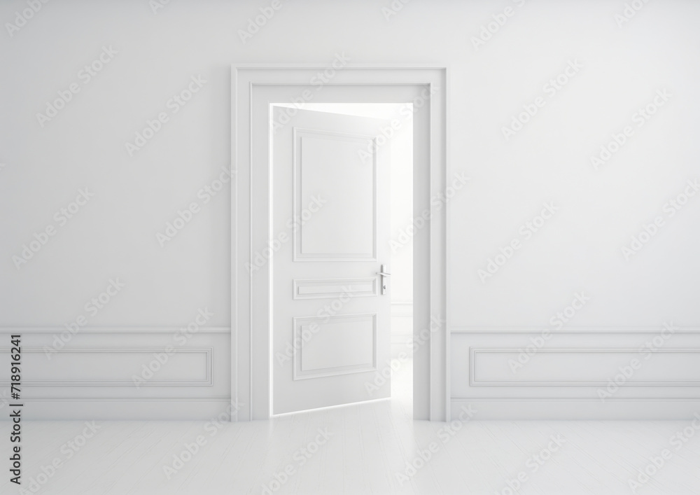 Modern white door. White wall with free space. Minimalist bright interior Modern white door. White wall with free space. Minimalist bright interior