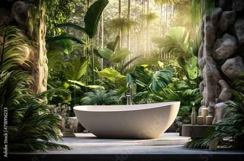 Open air stone bathtub. Beautiful view of outside bathroom on veranda with beautiful tropical garden view in luxury villa © Ruslan Gilmanshin