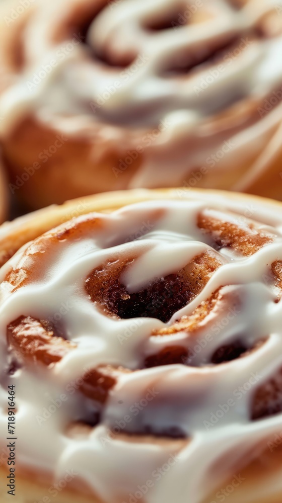 Generative AI, Freshly baked cinnamon bun with white cream icing, close up vertical photo