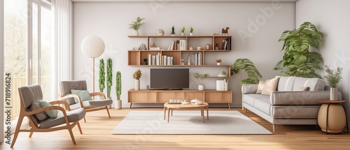 Modern scandinavian living room with design furniture and big glasses