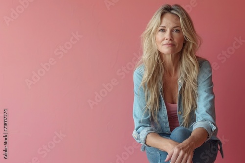 The peaceful, middle-aged lady with light blonde hair poses thoughtfully, wearing casual denim apparel, portrait of a woman on plain pink background