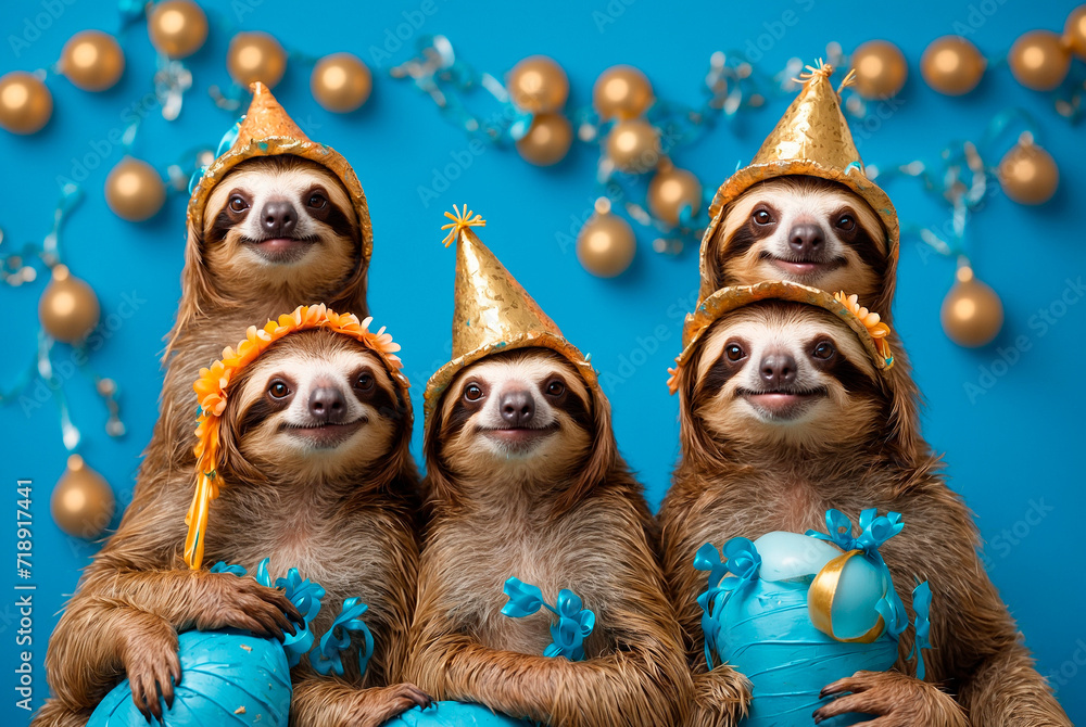 Funny sloths at a party on a blue background. Generative AI