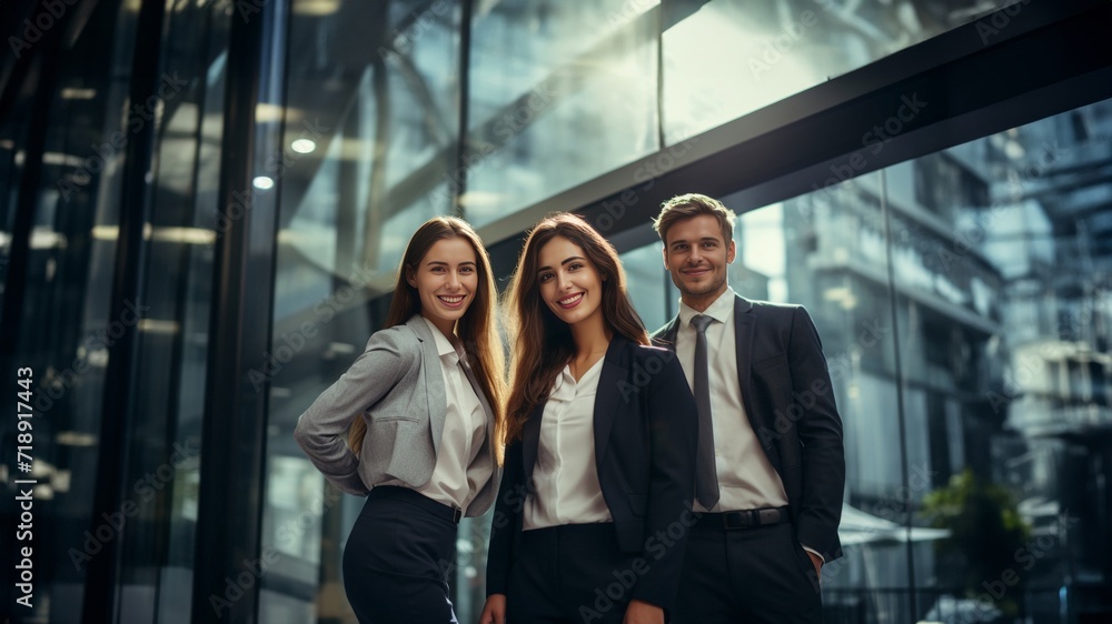 Amid the office vibes, a group of businesspeople and their team exude positive body language. Generative AI. Amid the office vibes, a group of businesspeople and their team exude positive body language. Generative AI.
