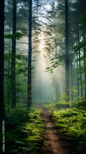 Mystical misty forest in the morning sunlight , Mystical misty forest, morning sunlight