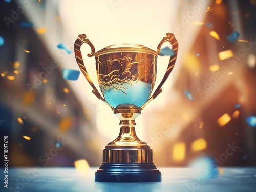 A shiny gold trophy in the photo with a background of sparkling bokeh light. generative AI