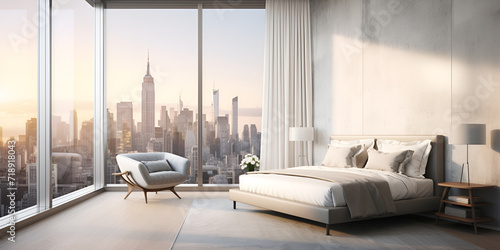 Beautiful Bedroom Displaying The View Of A City With Huge Windows Background