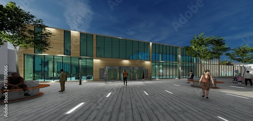 Museum building with lighting and square. Stone and glass facade with entrances and people.  photo