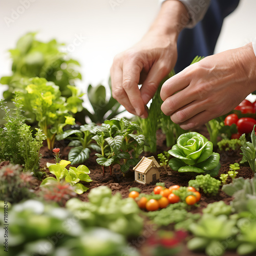 Person tending to a small, personal vegetable garden isolated on white background, detailed, png 
