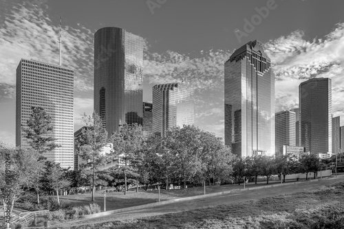 skyline of Houston under cloudy sky.