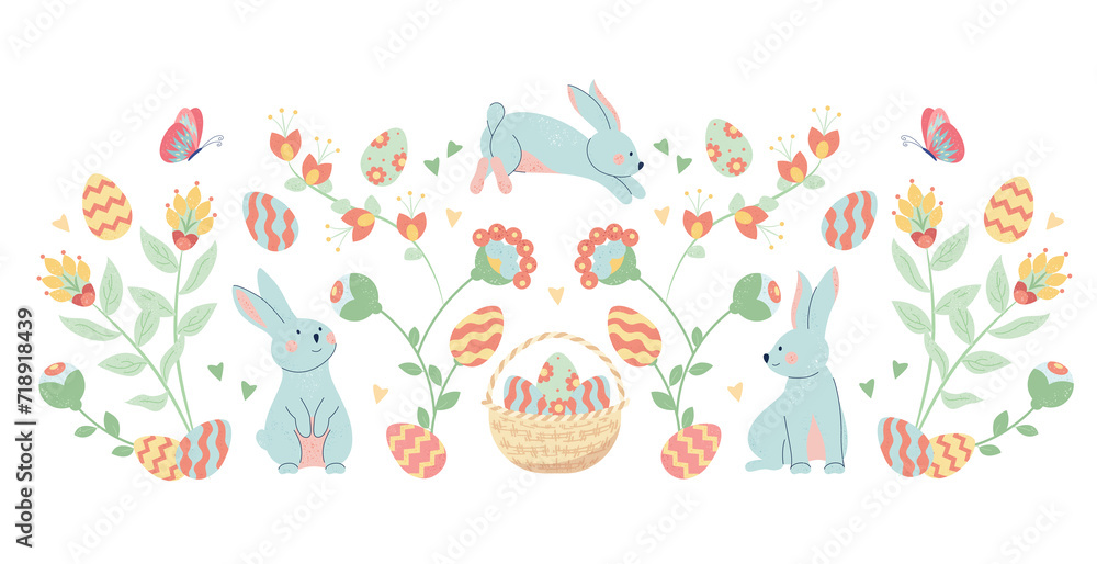Hand drawn flat easter composition background with blooming flowers and rabbits Hand drawn flat easter composition background with blooming flowers and rabbits