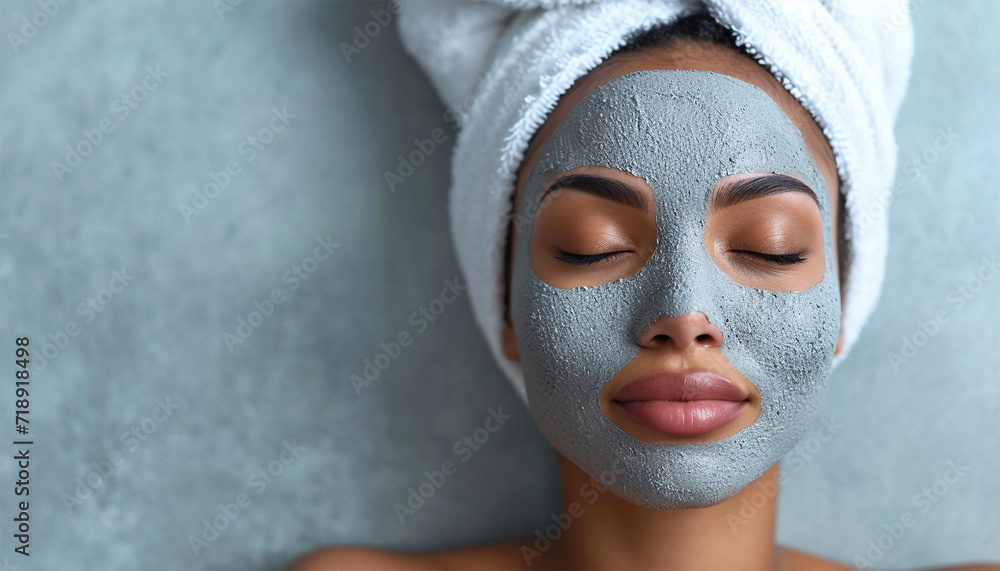 Beautiful African woman getting face massage in beauty spa. Black girl with closed eyes relaxing in outdoor spa while getting head massage. Serene woman relaxing outdoor in a beauty center. Face mask 