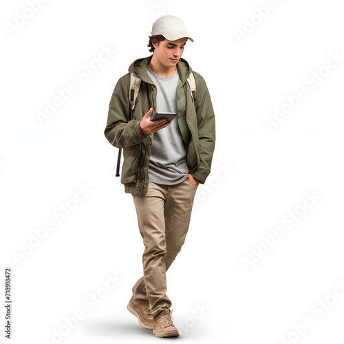 Young adult using a smartphone while walking isolated on white background, photo, png
