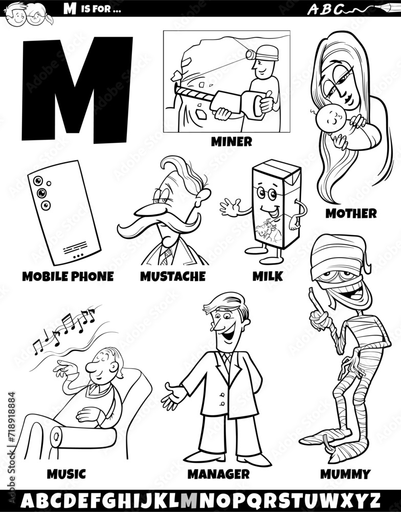Letter M set with cartoon objects and characters coloring page Letter M set with cartoon objects and characters coloring page