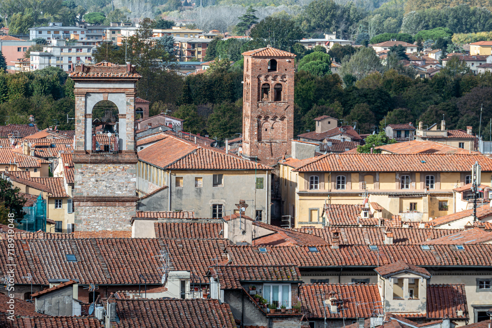 scenic skyline of Lucca with view to cathedral and the market square