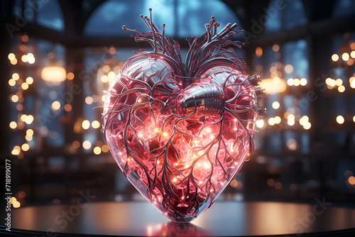 3d rendering of red heart on a table in a dark cafe