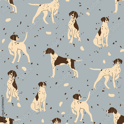 seamless animalistic vector pattern with hunting dogs on a blue background