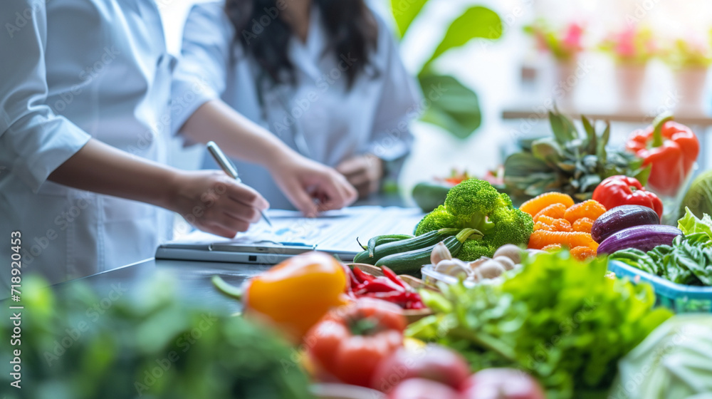 Nutritionist, A nutritionist consulting with a client in a health-focused environment, with dietary plans and healthy food samples