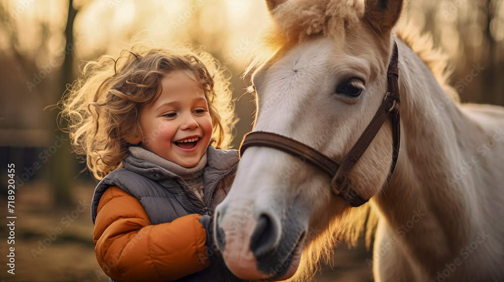 Niña de 4 años disfrutando con su pony - obrazy, fototapety, plakaty 