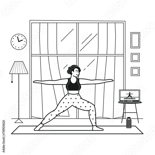 Young Woman Doing Online Yoga Using Laptop