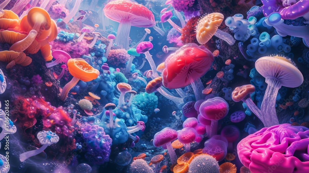 Vibrant cnidarians float gracefully amidst the colorful stony coral in an underwater paradise, adding life and beauty to any marine aquarium - obrazy, fototapety, plakaty 