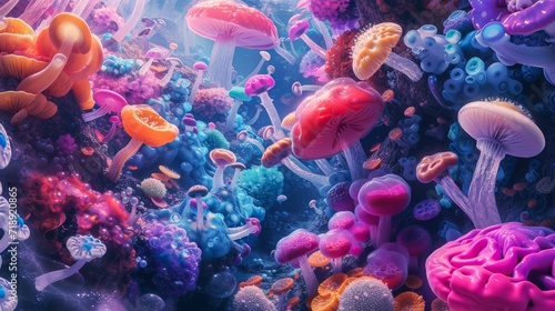 Vibrant cnidarians float gracefully amidst the colorful stony coral in an underwater paradise, adding life and beauty to any marine aquarium