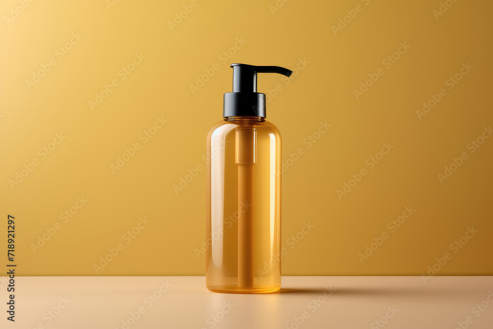 SPF Lotion. Mockup of bottle with dispenser for cosmetics on yellow isolated background with copy space SPF Lotion. Mockup of bottle with dispenser for cosmetics on yellow isolated background with copy space
