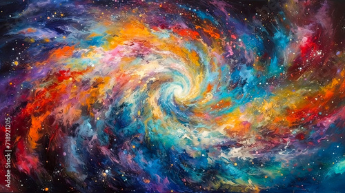 Painting of a swirling galaxy with colorful clouds of gas and stars.