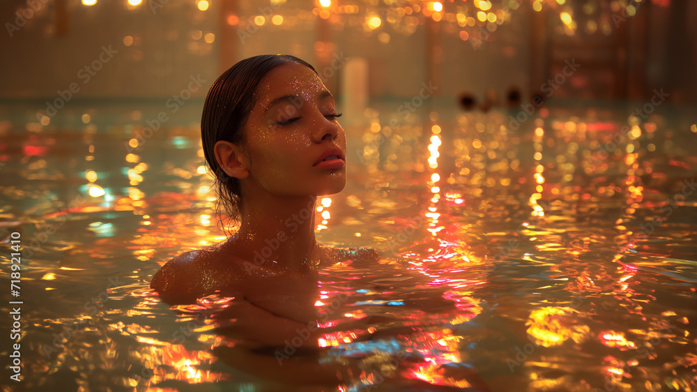 Wunderschöne Frau verträumt im bunten Wasser beim Schwimmen mit Glitzer Licht, ai generativ