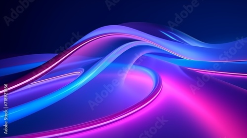 Glowing neon waves abstract background. Bright smooth luminous lines on a dark background. Decorative horizontal banner. Digital artwork raster bitmap illustration. Purple, pink and blue colors. 