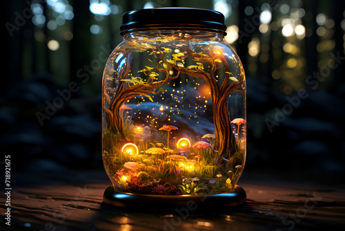 Glass jar with magic glowing lights inside on dark background. Halloween concept.