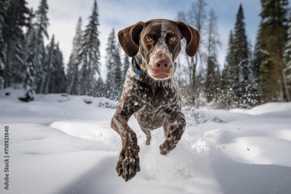 Happy excited dog German shorthaired pointer running on winter snow forest background at sunny day. Copy space. World Run Day