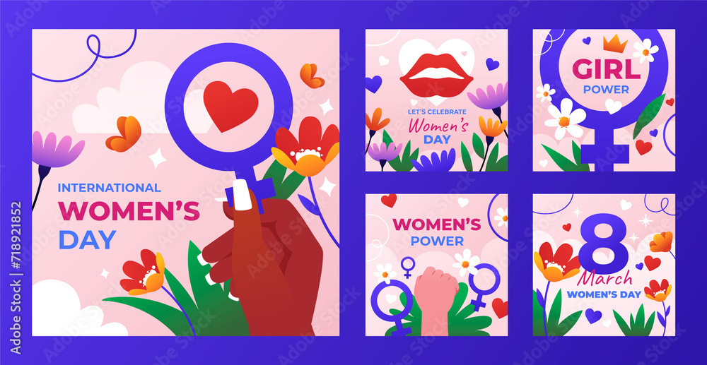 Gradient womens day illustration set with female symbol and flowers
