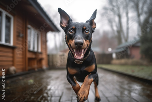 Happy excited dog German Pinscher running in the yard of the house during the day. Copy space. World Run Day